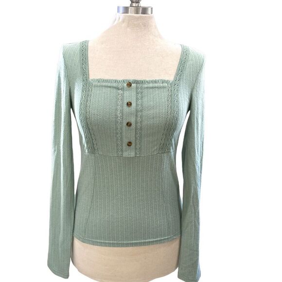 No label mint green knit buttons square neck lace sleeves length 20 inches - Picture 1 of 3